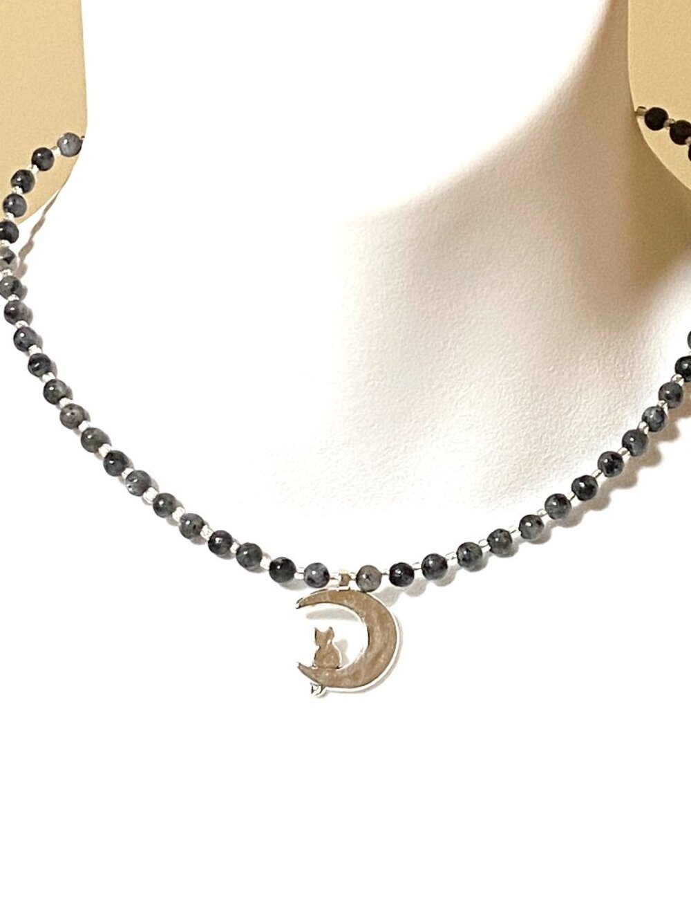 Larvikite Short Necklace, Natural Gemstone & Silver Cat on the Moon Pendant